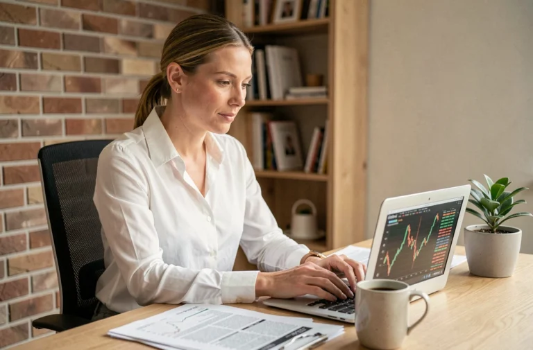 Femme analysant des graphiques boursiers sur un ordinateur portable dans un bureau à domicile moderne
