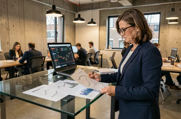 Femme analyste consultant des graphiques boursiers sur tablette dans un espace de coworking