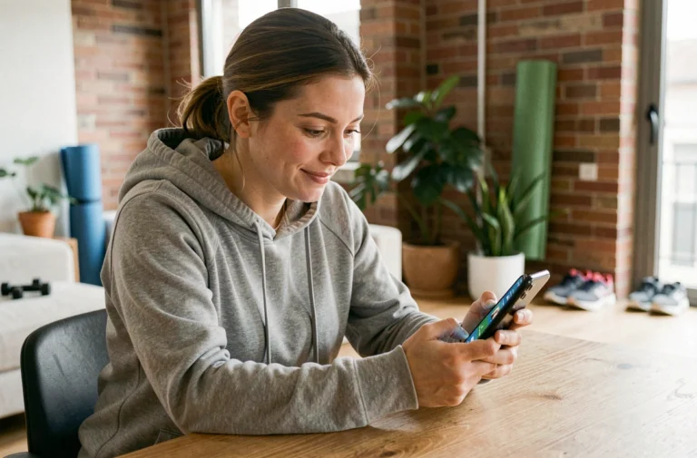 Femme sportive utilisant une application de rencontres sportives sur son smartphone dans un appartement moderne
