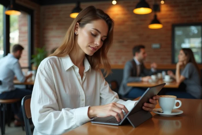 Jeune femme rédigeant un avis produit sur une tablette dans un café moderne