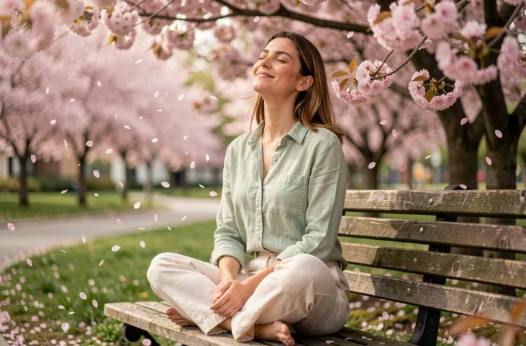 Femme détendue assise dans un parc fleuri au printemps, yeux fermés, profitant du bien-être de la saison parmi les cerisiers en fleurs