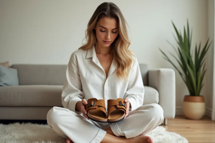 Femme tenant une paire de Birkenstock Boston en daim dans un salon minimaliste scandinave, illustrant la qualité et le confort du produit