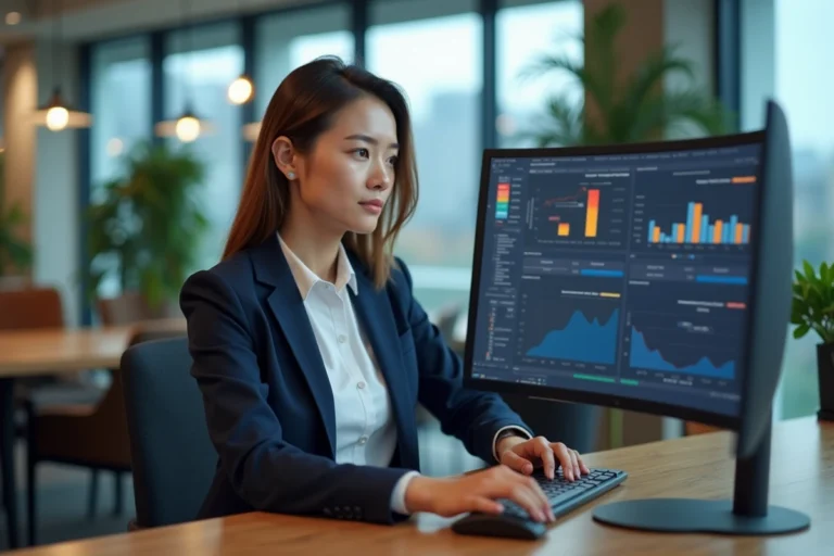 Femme cadre analysant des tendances business sur écran dans un bureau moderne vitré