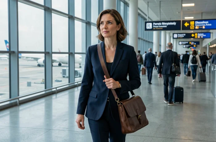 Femme cadre en déplacement professionnel dans un terminal d'aéroport moderne portant un sac d'ordinateur en cuir
