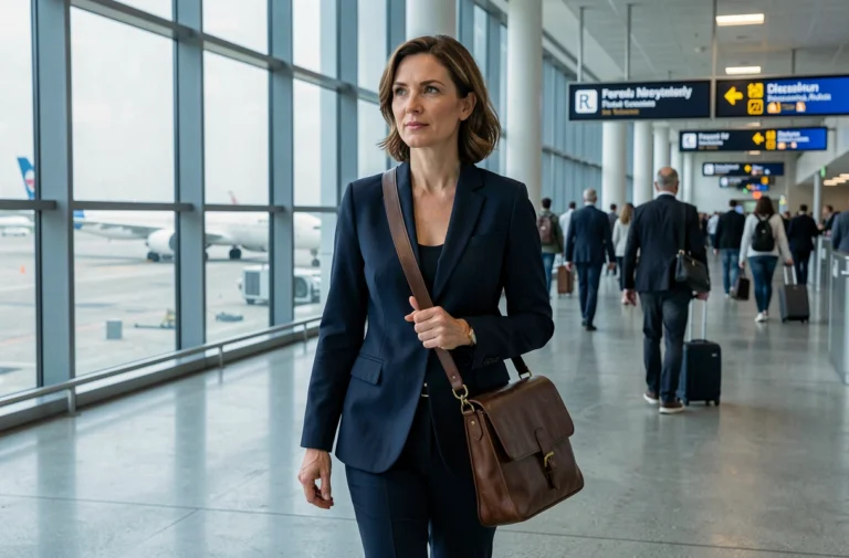 Femme cadre en déplacement professionnel dans un terminal d'aéroport moderne portant un sac d'ordinateur en cuir