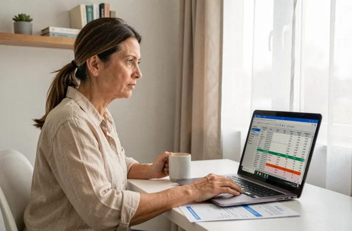 Femme comparant des offres de crédit immobilier sur ordinateur portable dans un bureau à domicile