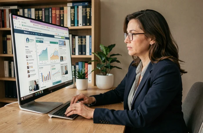 Femme professionnelle comparant des services d'expertise en ligne sur son ordinateur dans un bureau moderne