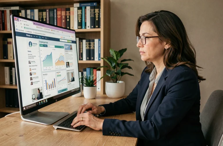 Femme professionnelle comparant des services d'expertise en ligne sur son ordinateur dans un bureau moderne