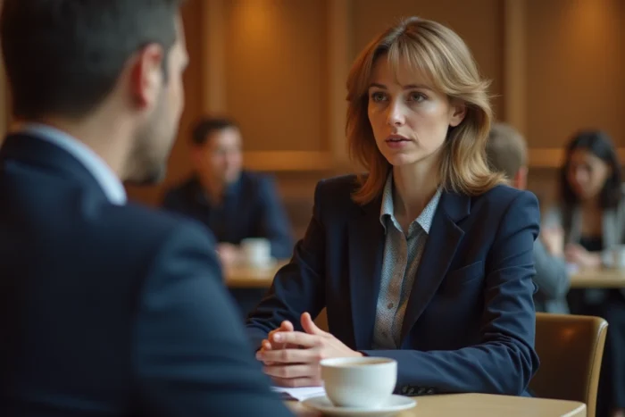 Femme en conversation sérieuse dans un café parisien, illustrant les confidences et les non-dits autour d'un sujet familial sensible