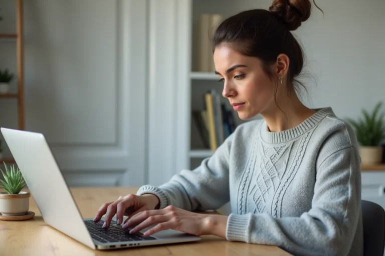 Femme utilisant un MacBook Pro pour convertir un fichier Pages en PDF dans un bureau à domicile moderne