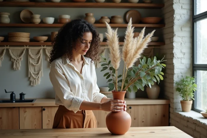Femme arrangeant des fleurs séchées dans une cuisine bohème avec poteries artisanales et étagères ouvertes pour une décoration originale