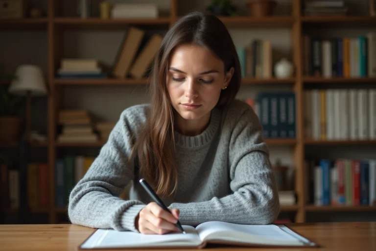 Femme écrivant dans un carnet à son bureau avec des livres de grammaire française en arrière-plan