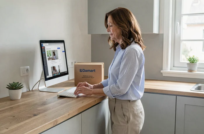 Femme gérant une commande Damart reçue à domicile devant un ordinateur de bureau dans une cuisine moderne