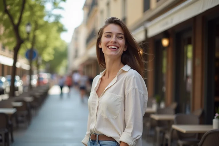 Jeune femme amusée avec un sourire moqueur dans la rue, réagissant avec humour à une approche masculine