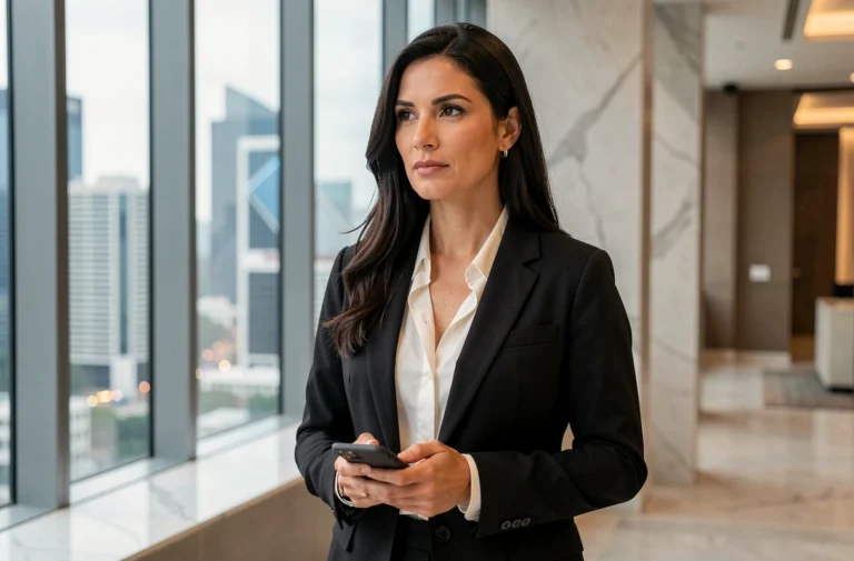 Femme influente en blazer noir tenant un smartphone devant une fenêtre avec vue sur une ville moderne, symbolisant une personnalité publique face aux questions géopolitiques