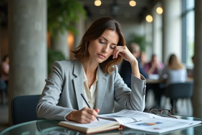 Femme prenant des notes financières dans un espace de coworking moderne avec journal boursier