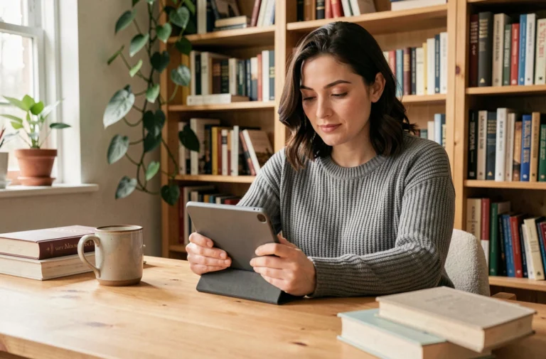 Femme lisant un ebook gratuitement sur une liseuse numérique dans un bureau à domicile entouré de livres