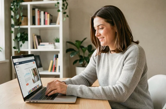 Femme naviguant sur la page d'accueil d'un site web depuis son bureau à domicile avec un laptop