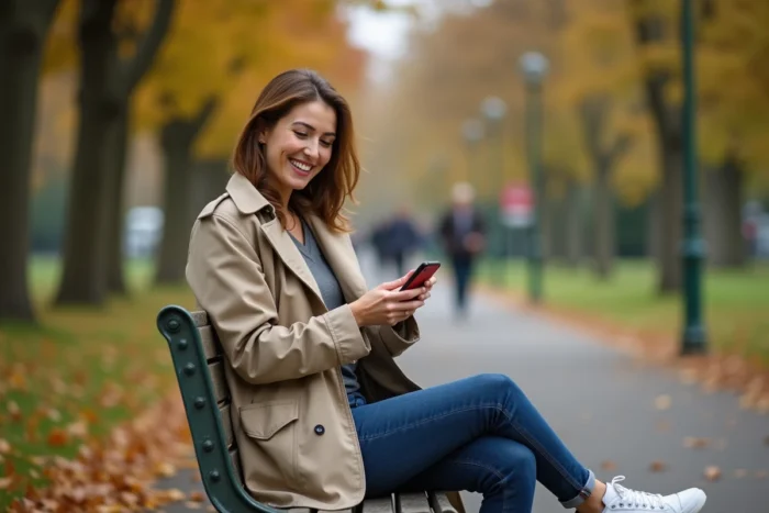 Femme souriante assise sur un banc de parc répondant avec humour à un message d'approche masculine