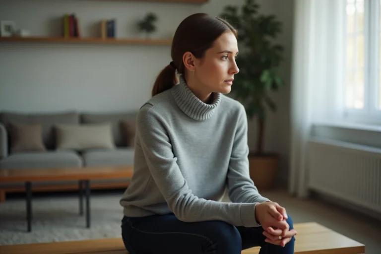 Femme pensive assise seule dans un appartement moderne, illustrant le silence et la discrétion d'une mère sur sa vie privée