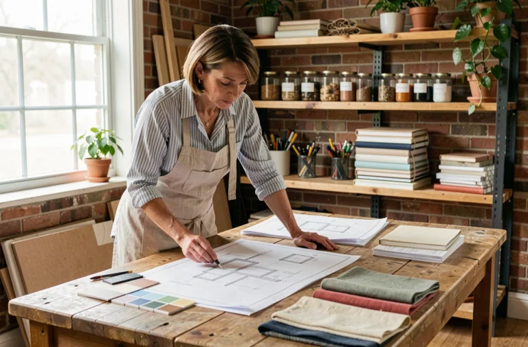 Femme consultant des plans de rénovation maison sur une grande table en bois avec échantillons de matériaux et croquis architecturaux