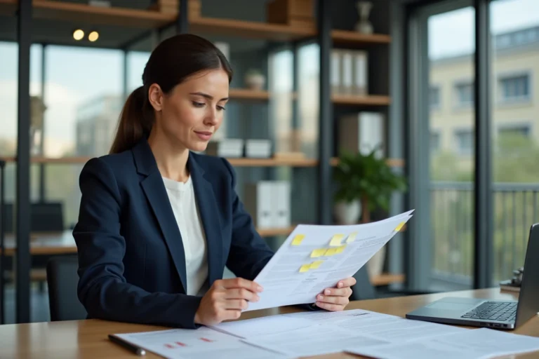 Femme professionnelle de l'immobilier révisant un dossier de demande dans une agence moderne