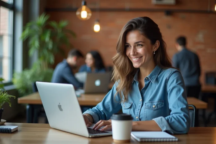 Femme recherchant des sites de téléchargement fiables sur son ordinateur portable dans un espace de coworking