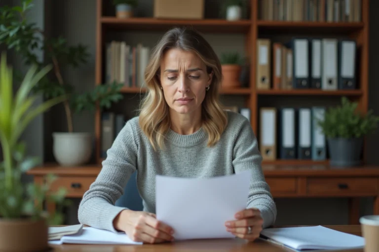 Femme consultant des documents de bail à son bureau à domicile, cherchant un contrat de location perdu
