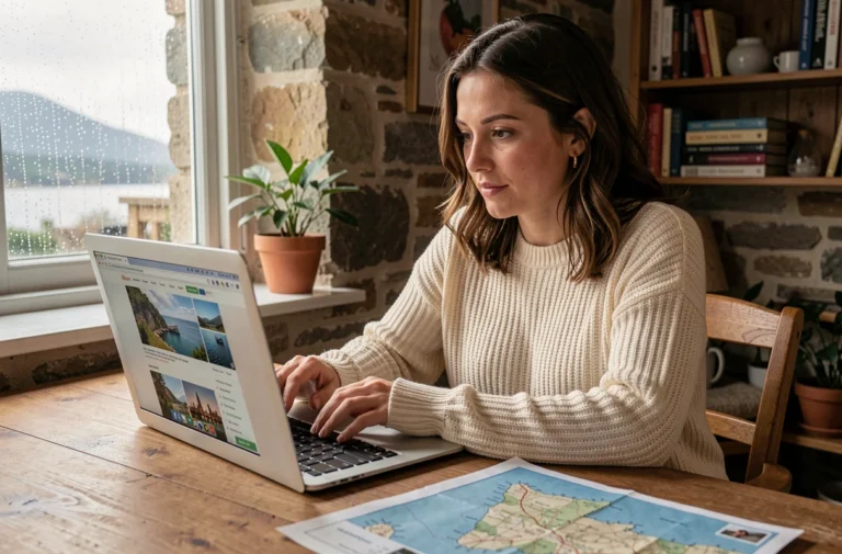 Femme consultant des ressources en ligne sur la Bretagne depuis un bureau en bois avec une carte dépliée