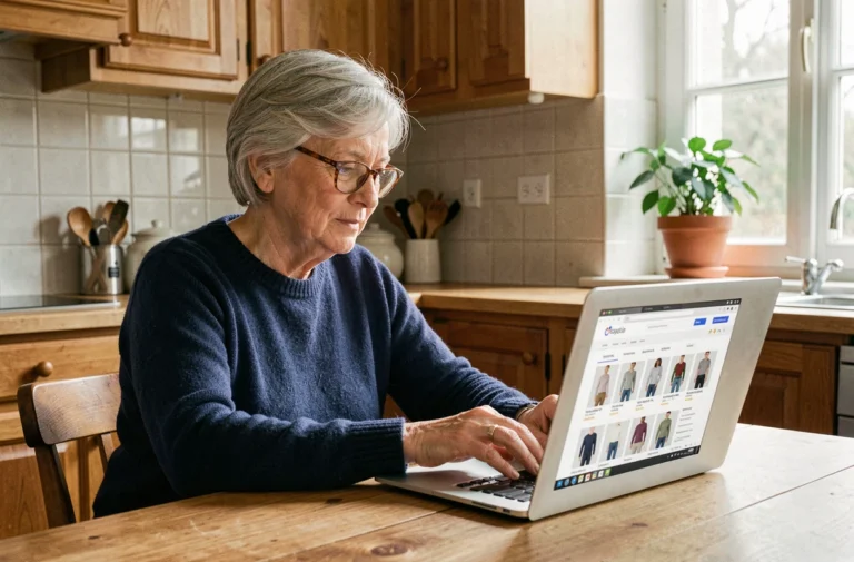 Femme senior passant une commande Damart en ligne sur un ordinateur portable dans une cuisine chaleureuse