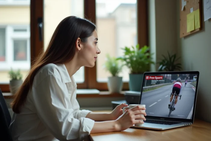 Femme regardant une retransmission sportive gratuite en direct sur un ordinateur portable depuis son bureau à domicile