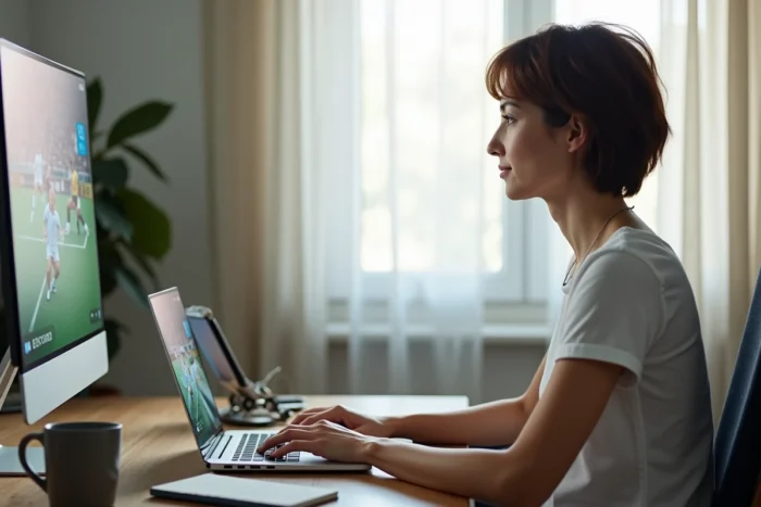 Femme regardant le sport en streaming sur ordinateur portable dans un bureau à domicile