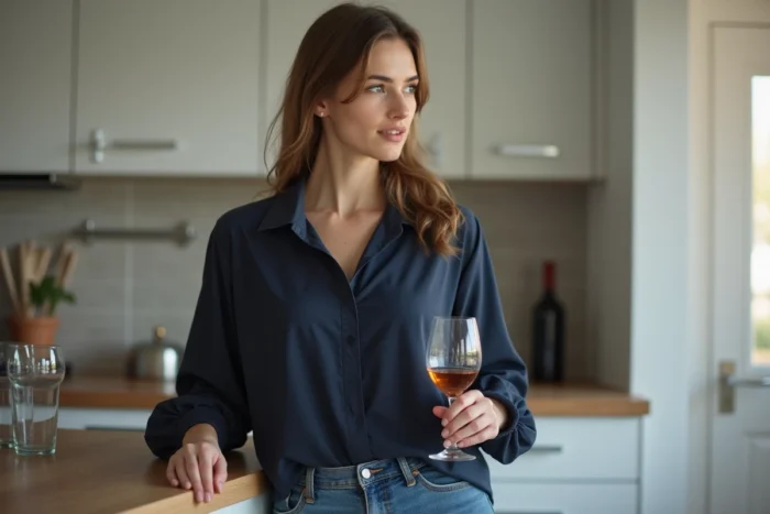 Femme tenant un verre de vin dans une cuisine moderne, représentant les effets de la consommation d'alcool sur le taux d'alcoolémie dans le sang