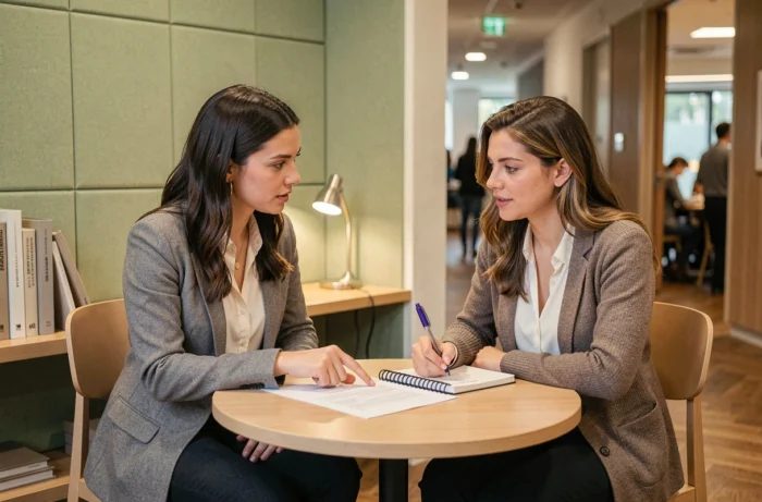 Deux professionnelles discutant d'un rapport comparatif sur les concepts de POC et SPOC dans un espace de travail collaboratif