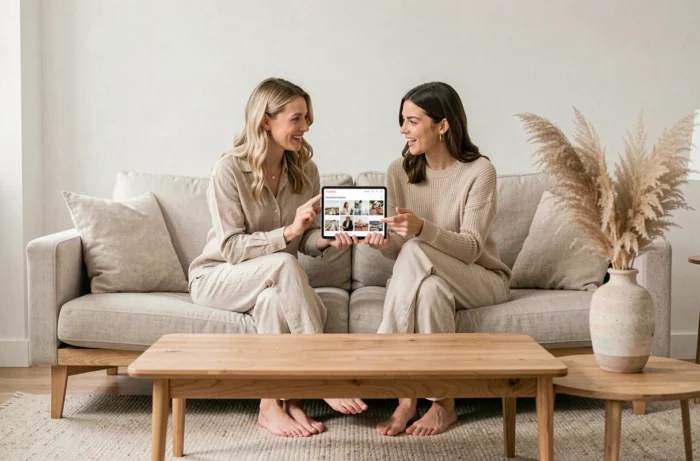 Deux femmes discutant des dernières tendances sur une tablette dans un salon scandinave moderne