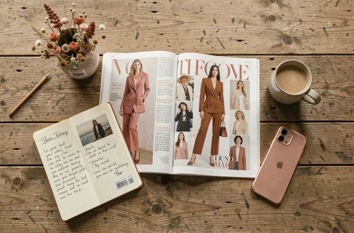 Mise en scène flat lay tendance avec magazine, café et accessoires lifestyle sur un bureau en bois