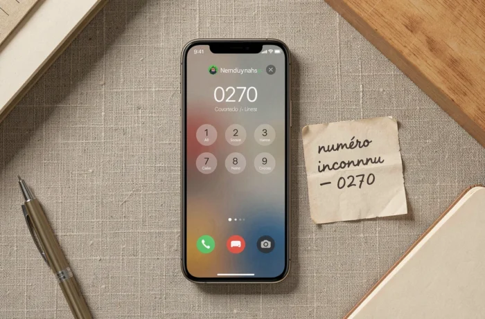 Vue de dessus d'un smartphone affichant l'indicatif 0270 avec une note manuscrite 'numéro inconnu' sur un bureau minimaliste