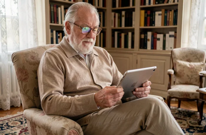 Homme âgé consultant une commande en ligne Damart sur une tablette dans un salon classique