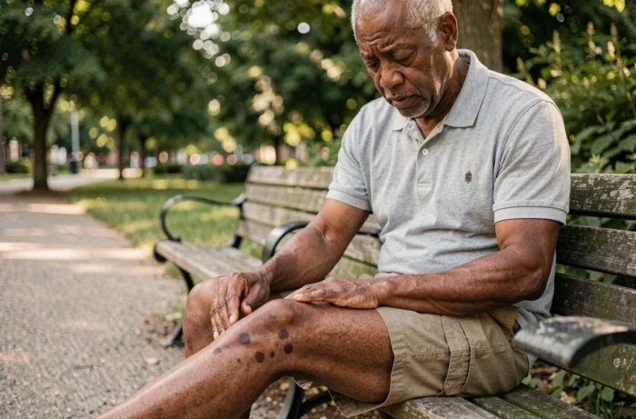 Homme âgé examinant une tache cutanée sombre et irrégulière sur sa jambe dans un parc, illustration du dépistage précoce du mélanome et des signes visibles du cancer de la peau