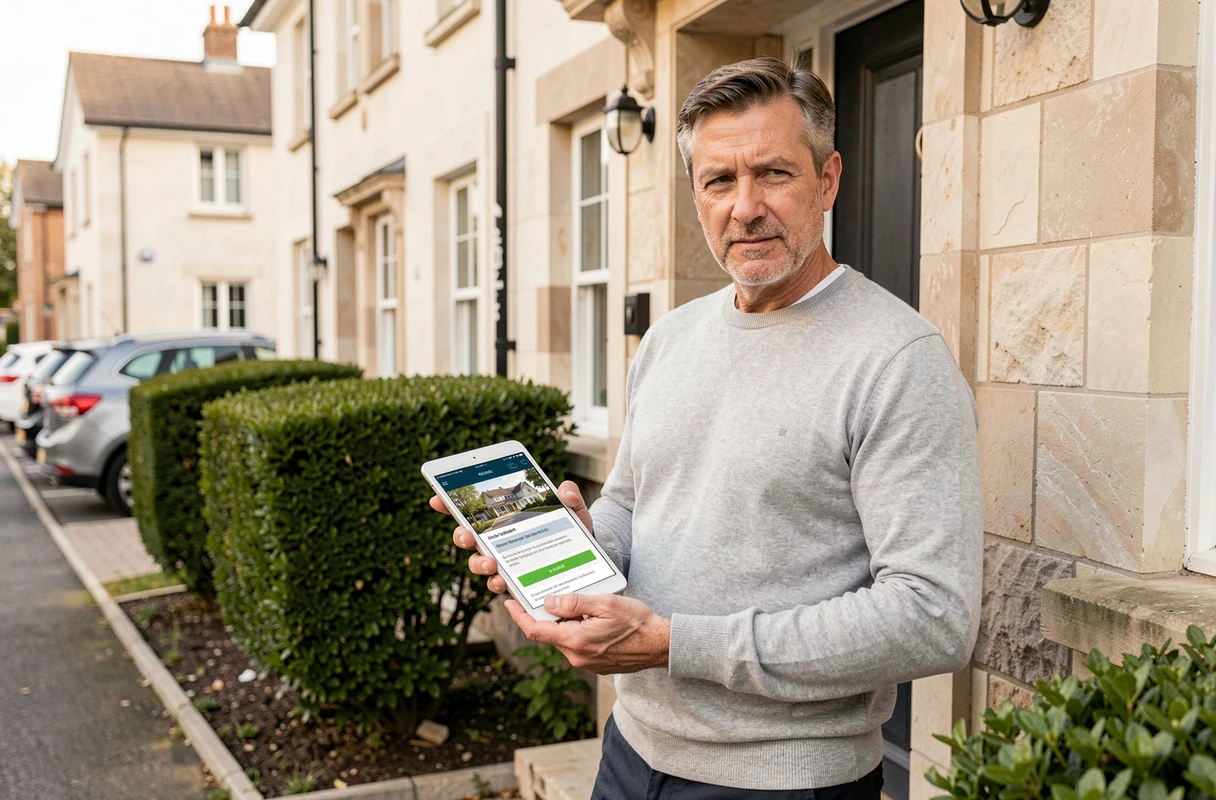 Homme consultant une application d'alerte immobilière sur tablette devant un immeuble résidentiel