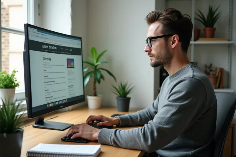 Homme consultant un annuaire de téléchargement fiable sur son ordinateur à son bureau à domicile