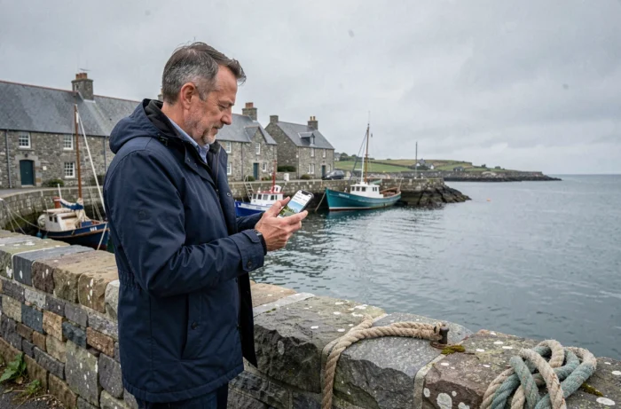 Homme consultant une application touristique sur smartphone devant le port d'un village breton en granit