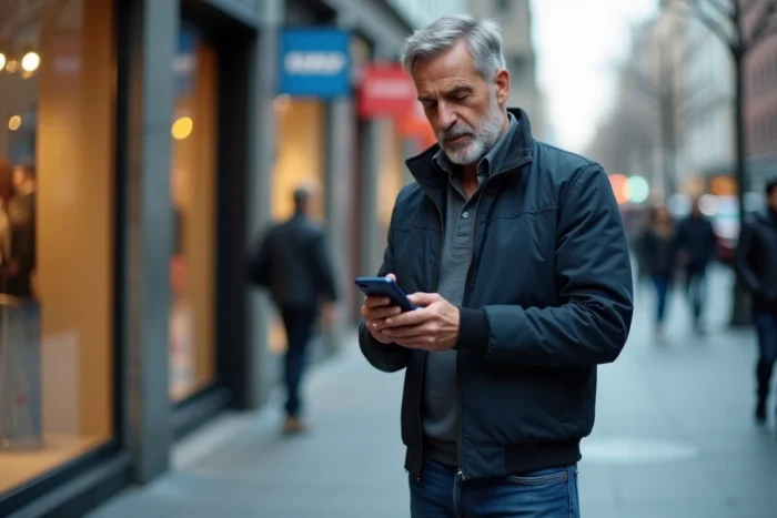 Homme consultant son smartphone pour laisser un avis sur une marque dans la rue