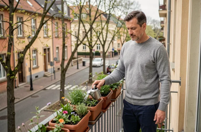 Homme arrosant des plantes et herbes aromatiques sur un balcon en ville au printemps, ambiance sereine et bien-être quotidien