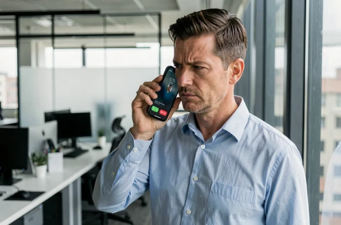 Homme en bureau regardant son téléphone avec méfiance lors d'un appel entrant affichant l'indicatif 0270
