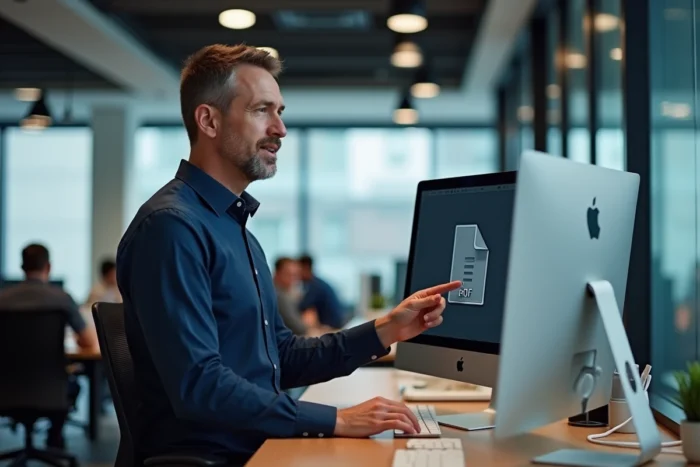 Homme en bureau professionnel utilisant un convertisseur en ligne pour transformer un document Pages en PDF sur un iMac