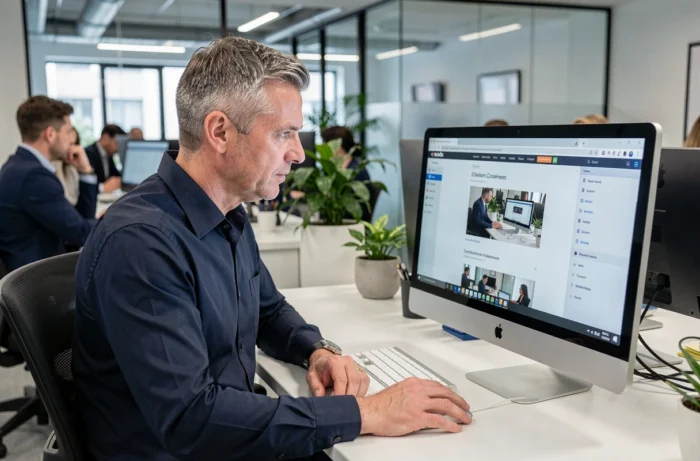 Homme en entreprise utilisant un ordinateur de bureau pour explorer une interface web professionnelle