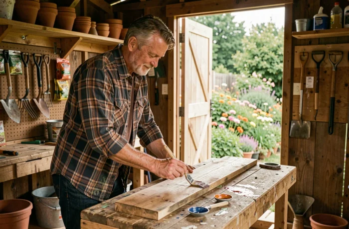 Homme créant une décoration en bois recyclé pour personnaliser son jardin dans un atelier