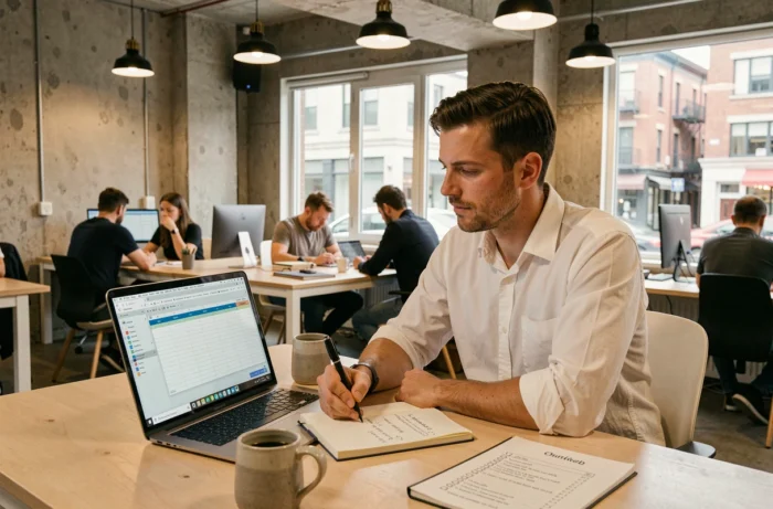 Homme en espace de coworking évaluant et comparant des plateformes d'expertise en ligne avec une liste de critères