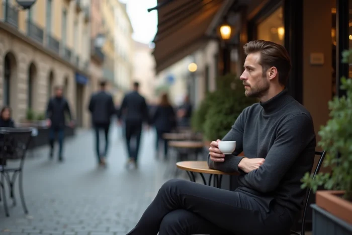 Homme pensif et solitaire attablé à une terrasse de café, illustrant l'introspection psychologique liée aux comportements de séduction répétitifs